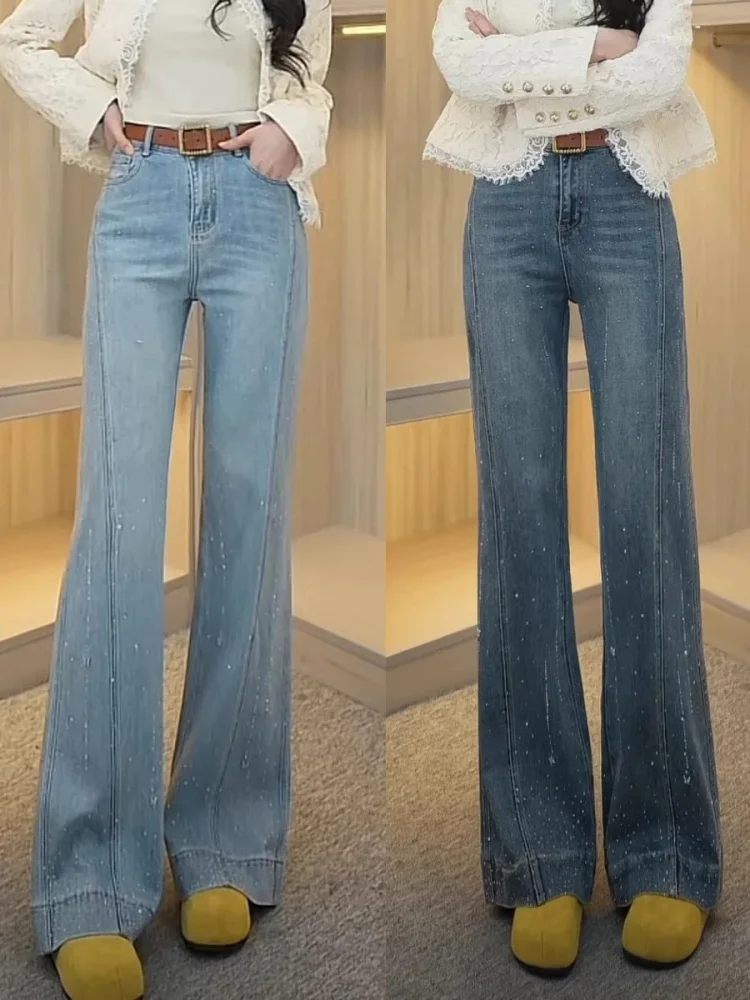 

Джинсы женские с высокой талией, расклешенные, стрейч, с декором из искусственных страз, брюки-клеш, повседневный стиль, американский фасон