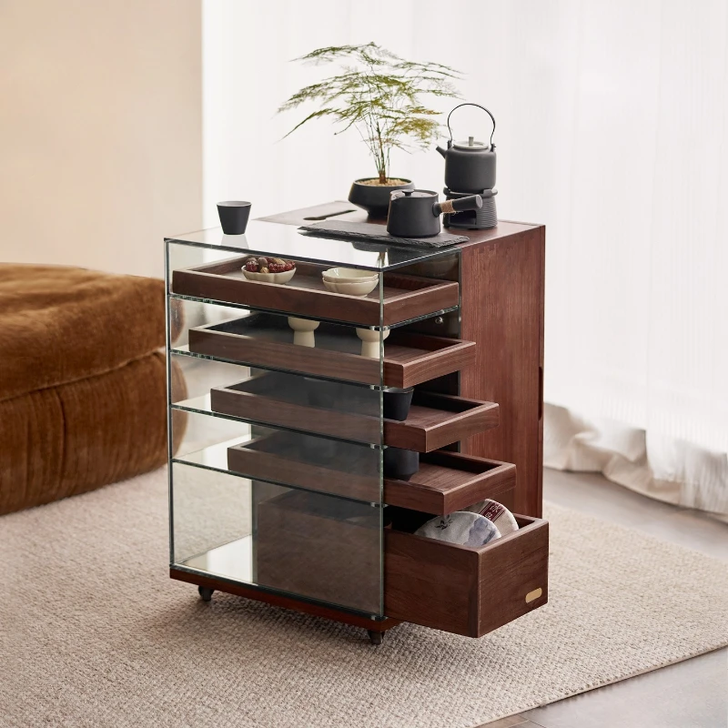 Solid wood brewed tea table tea cabinet movable sofa side cabinet living room black walnut display cabinet