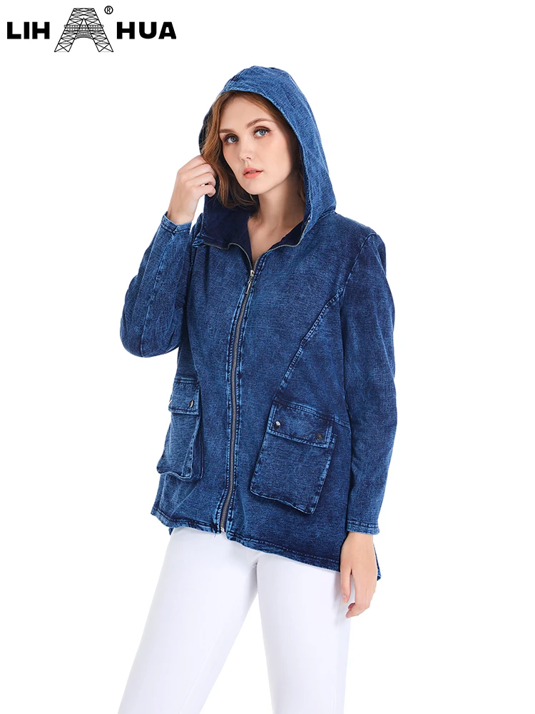 LIH HUA Women\'s Plus Size Denim Jacket Autumn Chic Elegant Jacket For Chubby Women Cotton Hooded Knitting Jacket