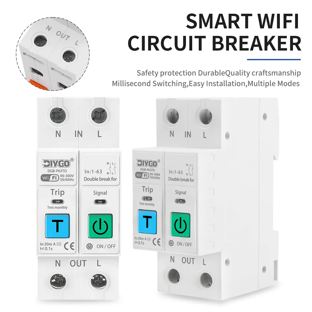 2P TUYA WIFI Smart Circuit Breaker Voltage Current Leakage Protective Device Adjustable Remote Control Switch Energy Meter L+N