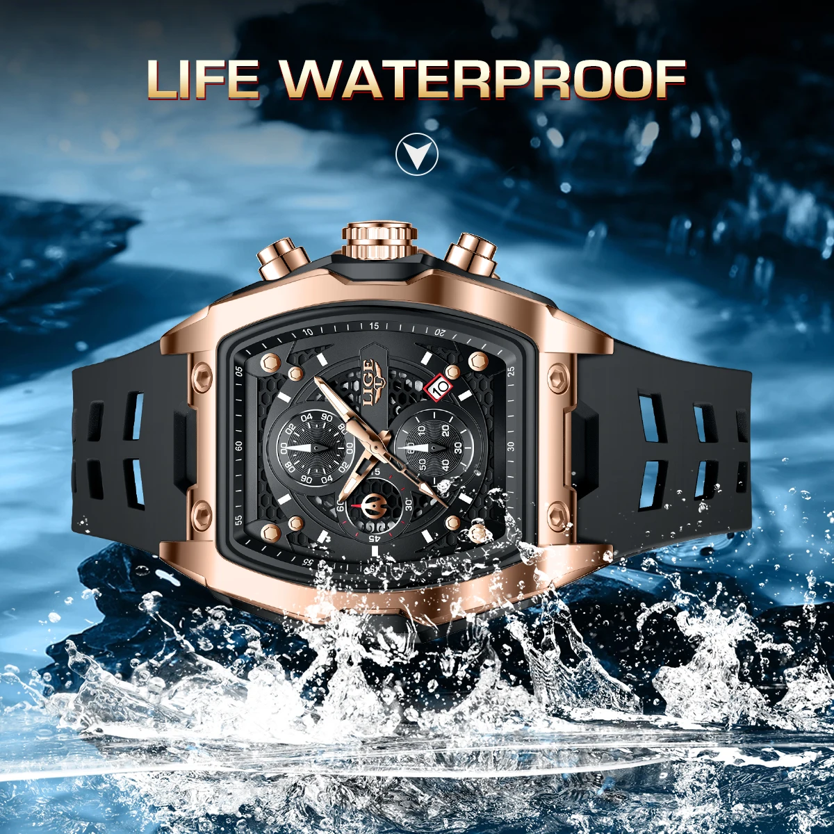 LIGE Men\'s Quartz Multifunction Watches Fashion Sports Chronograph 5ATM Waterproof Silicone Band Casual Man Wrist Watch For Men
