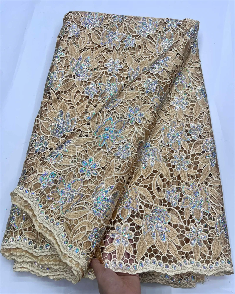 

African Sequins Guipure Cord Lace Fabrics Water Soluble New Styles Nigerian Wedding Dress Material for Women