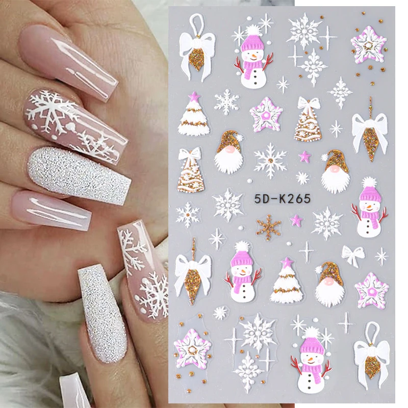 5D Glitter Silver Christmas Embossed Nail Stickers Gold Sequins Snowflake Ball Lantern Cane Winter Xmas Engraved Nail Decoration