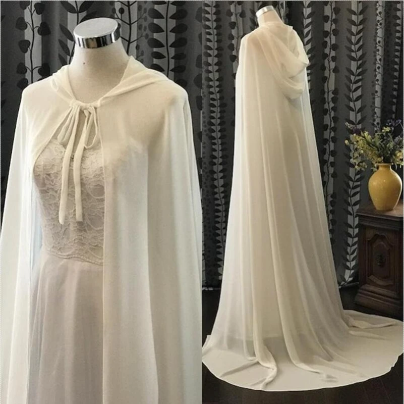 Manto de casamento nupcial do chiffon para mulheres, cabo medieval, xale branco preto do marfim, capa com capuz, casaco de festa do Dia das Bruxas,