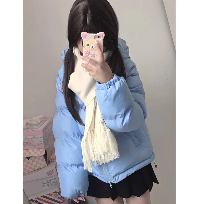 Kurtka damska Hello Kitty, słodka, urocza, haftowana, bawełniana, zimowa, nowa, biała, modna, codzienna, gruba, ciepła, studencka, z kapturem.