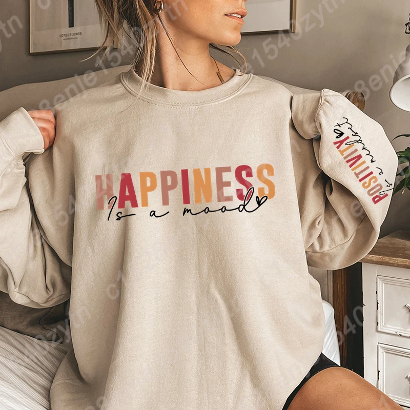 Happiness Is Mood Letter Print Sweatshirt, Crew Neck Casual Oversized Sweatshirts For Fall & Winter, Women\'s Clothing