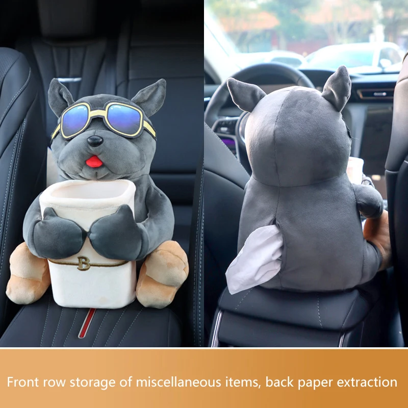 Car Mounted Tissue Box 2-in-1 Cartoon Plush Doll Auto Armrest Box Hanging Paper Drawer Storage Car Trash Can And Tissue Holder