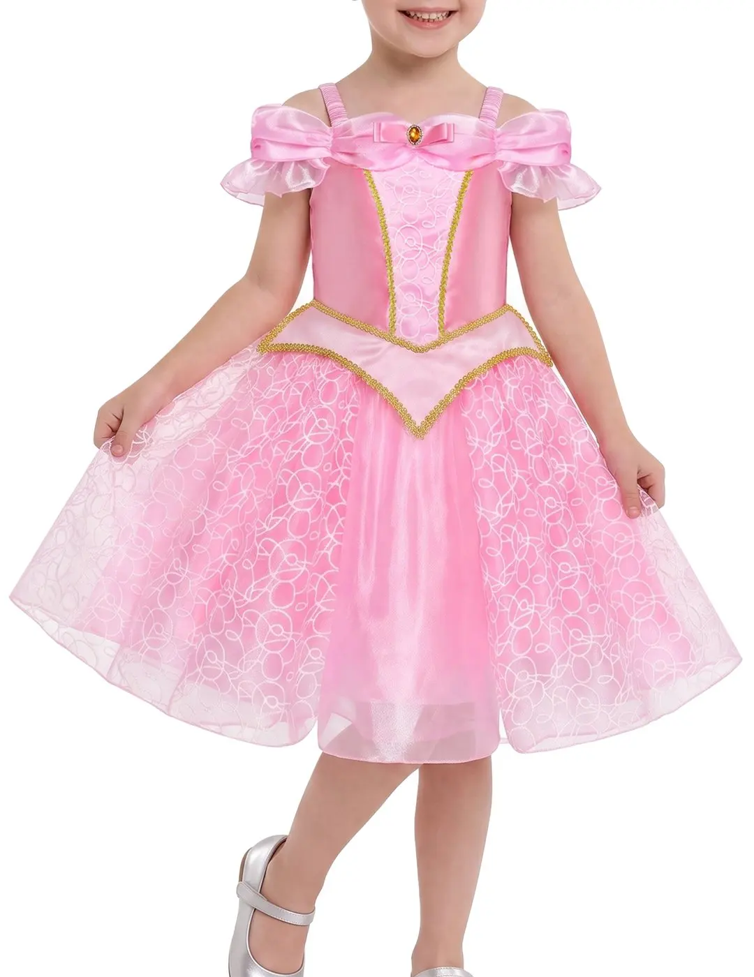 Girls Dress Pink Embroidered Tulle Off Shoulder Ruffle Bow Princess Costume Party Satin Dress
