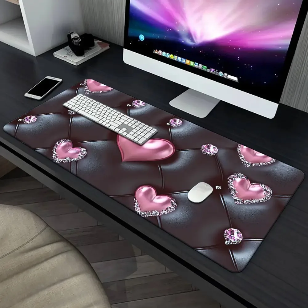 Glam Rhinestone Pink Love Heart Print Mouse Mat Non Slip Waterproof Large Desk Pad Sweet Holiday Gift for Teen Girls