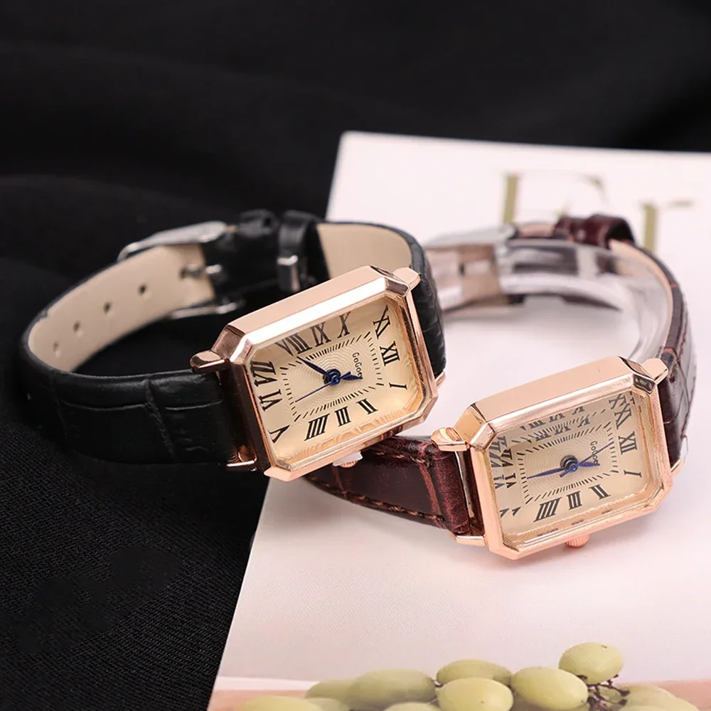 Jam Tangan Kasual Dial Digital Retro Fashion Jam Tangan Kuarsa Kecantikan Tali Kulit Persegi untuk Hadiah Wanita