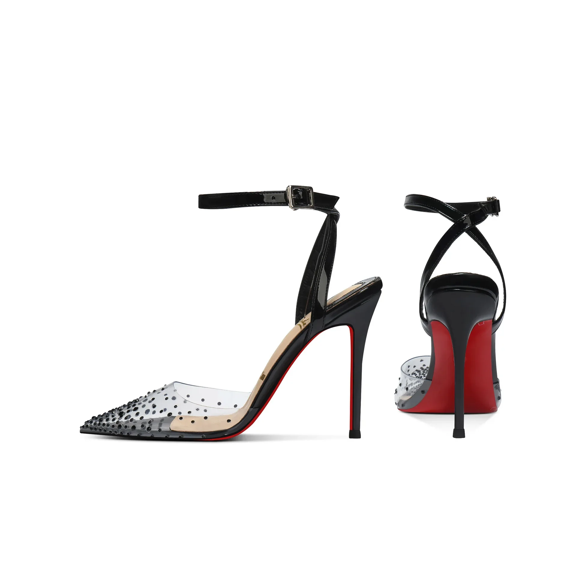 أشار تو أحذية حمراء أسفل أسود بولي كلوريد الفينيل الراين 2025 نمط جديد يغطي الجبهة الساخن الماس حزام الصنادل للنساء عالية الكعب #1