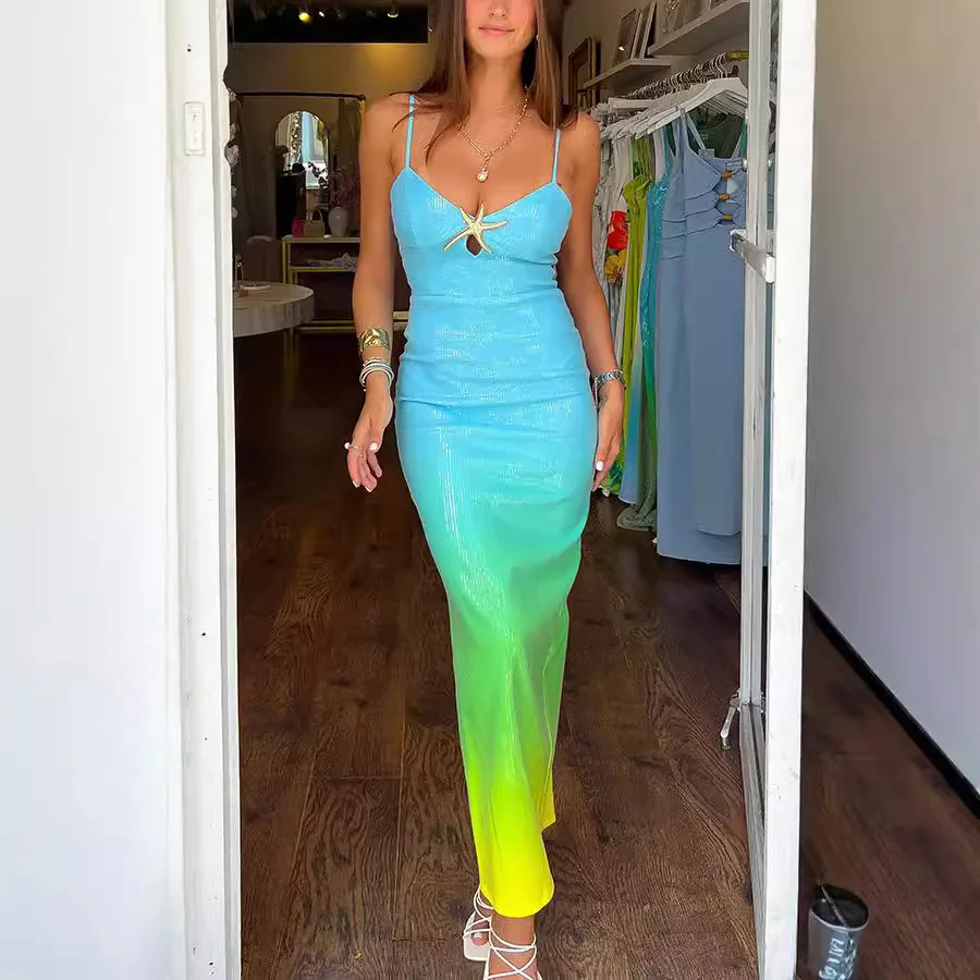 صيف جديد الحمالات مطبوعة فساتين طويلة فستان الحفلات النسائية Vestidos Elegantes Feminino Payetli Kadın Elbise فستان سهرة Y2k #1