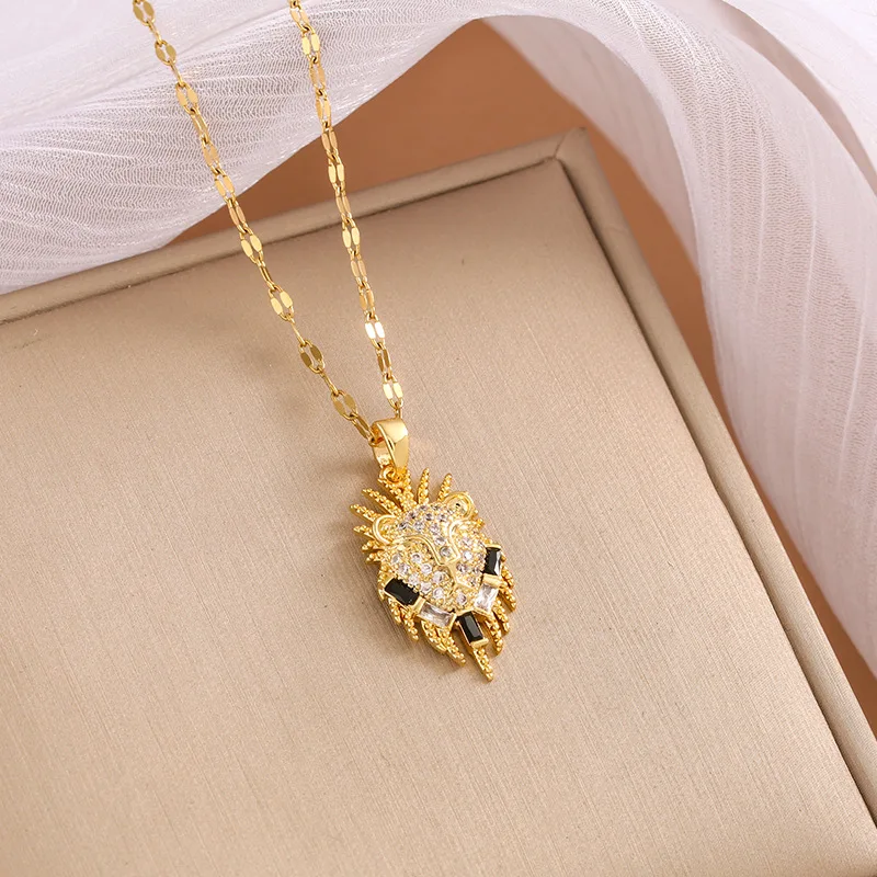 قلادة نسائية على شكل رأس الأسد، تصميم شخصي ومستبد، قلادة من الزركون الأسود.