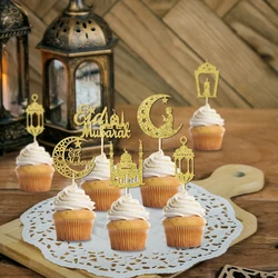 12/24pcs Glitter Gold Eid Mubarak Cupcake Toppers Moon Star Ramadan Kareem Cake Decor Islamic Muslim Party Baking Cake Supplies