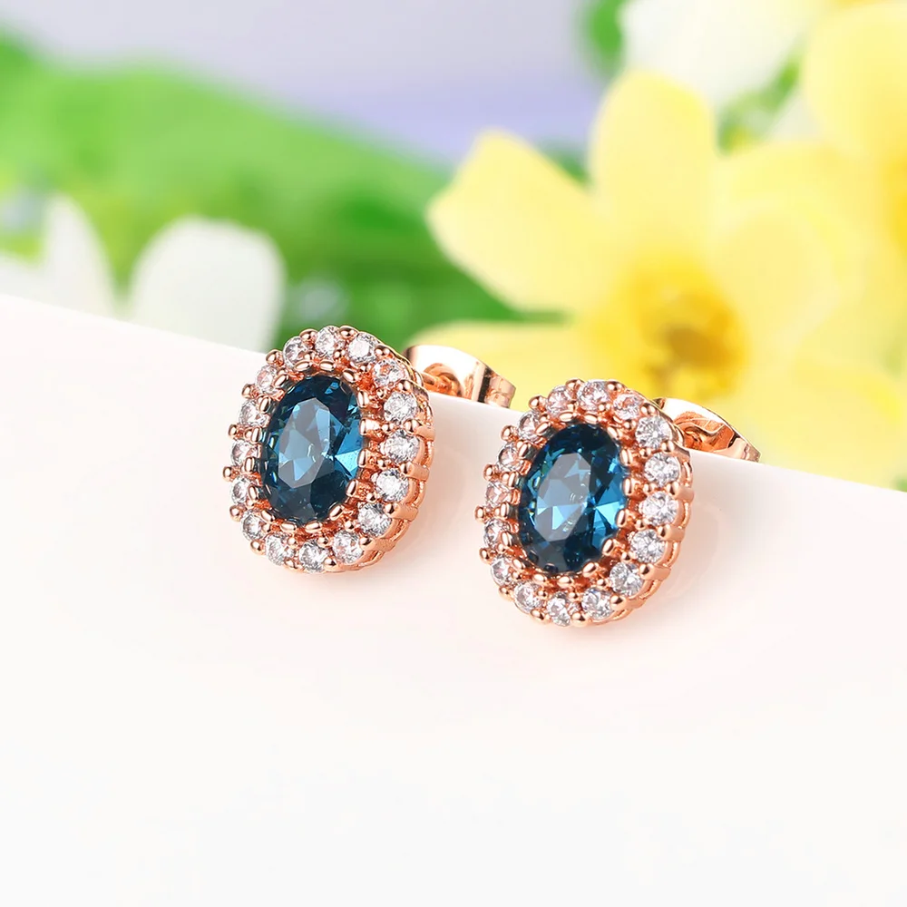 Luxury Ocean Blue Crystal Engagement Ear Piercing Stud Earrings for Women Cubic Zirconia Rose Gold Color Fashion Jewelry E109