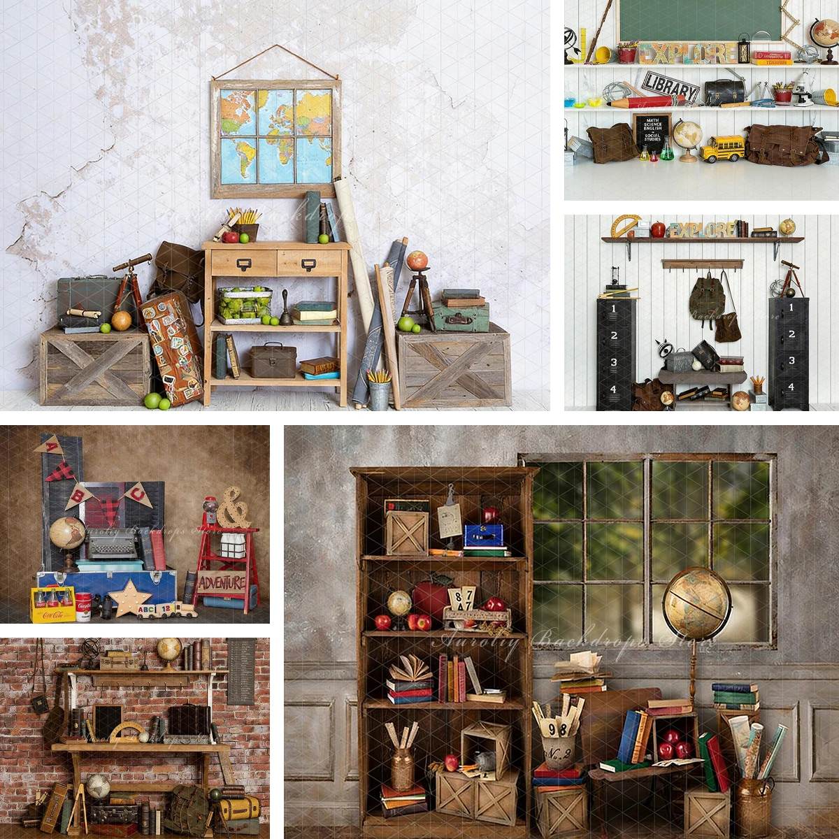 Wood Desk Bookshelf Back to School Photography Backdrop World Map Globes Stationery Kids Portrait Photo Background Studio Decor
