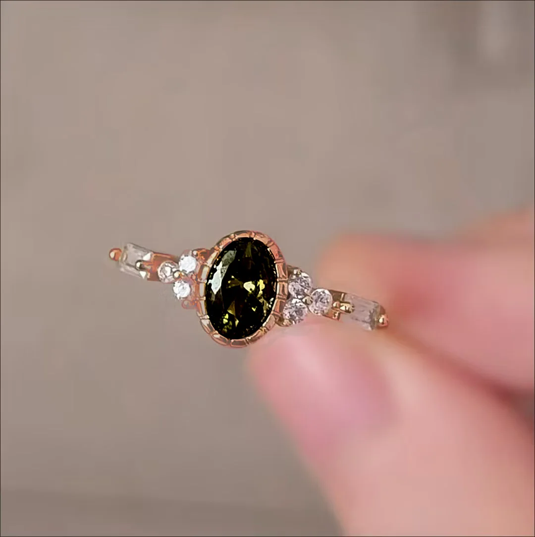 

925 Sterling Silver Rings Peridot Ring Plated Rose Gold Oval Ring for Woman Fashion Jewelry