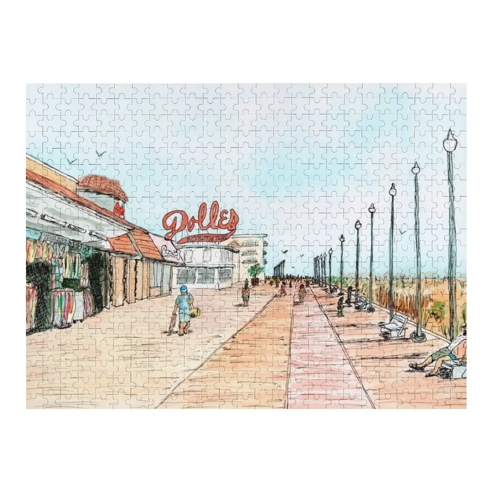 

Prints of a Watercolor Painting, Dolles on the Boardwalk, by Richard JV Flaim Jigsaw Puzzle Custom Custom Wooden Gift Puzzle