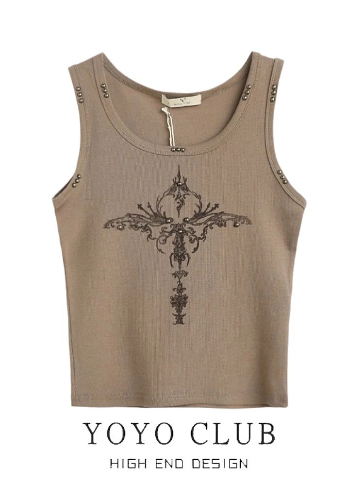 YOYO CLUB American Sle Retro Hot Girl ort Sve round Ne Vest Brand Bule Summer Clothing Cotton Polyester Print Design