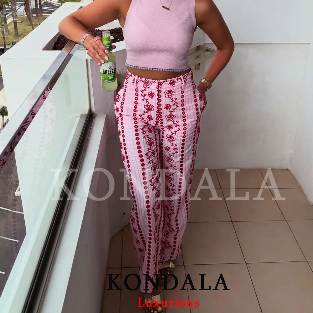 KONDALA Boho Chic Pink Embroidery Women Pants Wide Leg Vintage Holiday Women Pants Fashion 2026 Summer Elegant Long Pants image 4