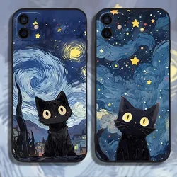 Custodia artistica per telefono notte stellata gatto nero per iPhone 15 14 13 12 11 Pro Max 12 13 Mini XS Max XR SE3 8 14 Plus Cover Soft Shell