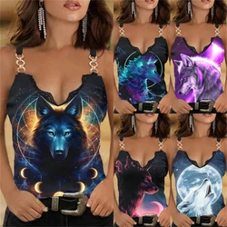 2023 Summer Clothes Women's Fashion Lace Sleeveless V-neck Wolf Print Casual Vest Tank Animal Print Top