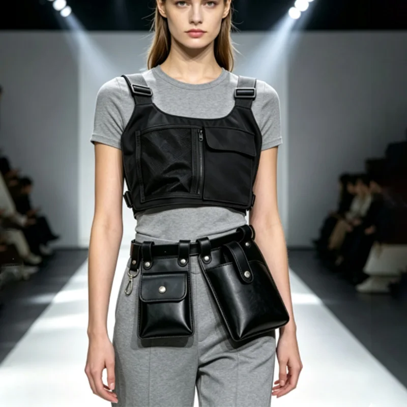 Hip-hop Streetwear 2026 New Chest Bags Belt bag Set Teenagers School performance Vest Backpack Fashion PU Fanny pack Running Set