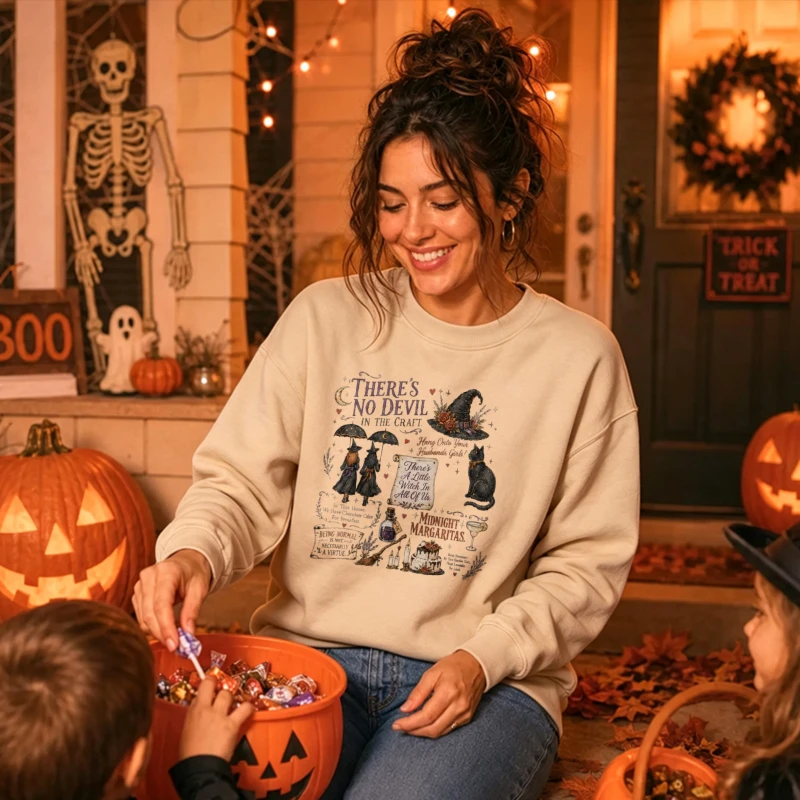 Witchy There's No Devil in The Craft Sweatshirt Halloween Black Cat Margarita Graphic Pullover Retro Autumn Winter Women Top