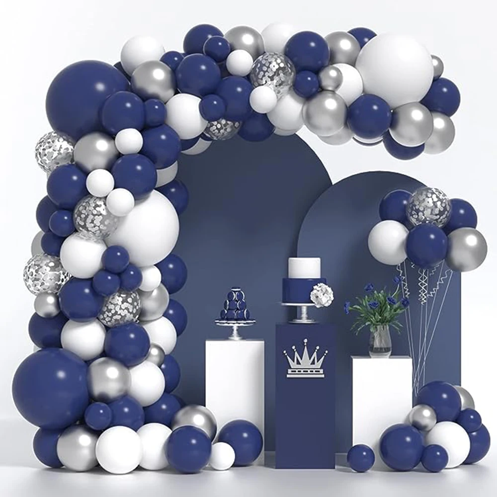 Kit d\'arche de guirxiété de ballons en latex avec confettis, bleu marine, blanc et argent, mariage de remise des diplômes, fête d\'anniversaire pour