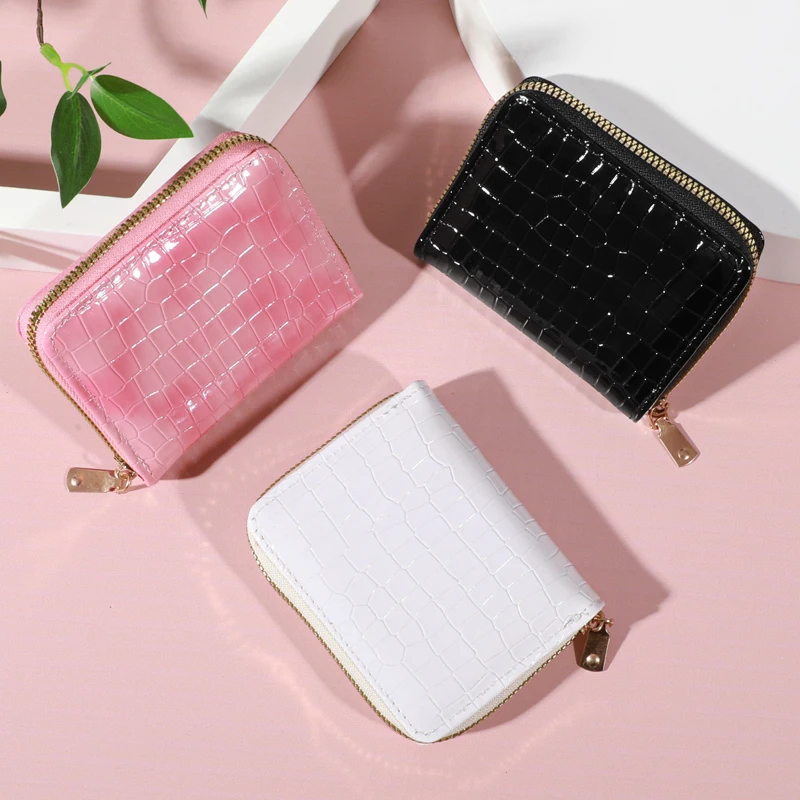 Compact Chic Mini Wallet - Faux Leather, Crocodile Print, Card & Coin Holder with Polyester Lining and Secure Buckle