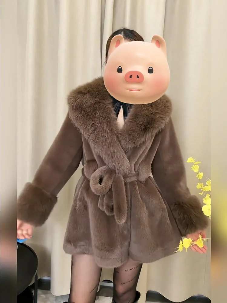 

Ele Faionable Winter Outerwear with Large Fur Collar Mid-Length Belted Women's Coat Sli Versatile Thiened Long Sl...