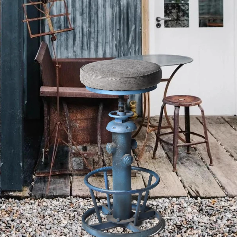 Industrial Bar Adjustable Fire Hydrant Bar Stool with Leather Seat & Iron Base Retro Counter Stools for Home Pub/ Cafe Furniture