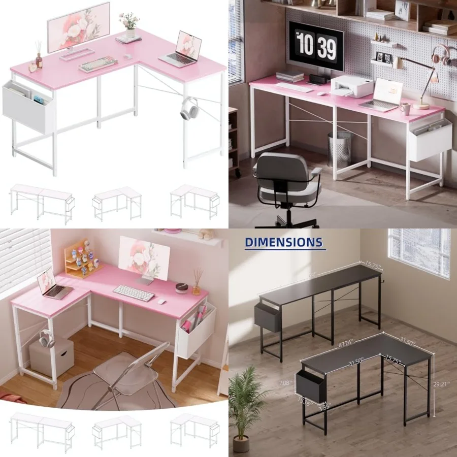 

Reversible L Shaped Gaming Desk Corner Computer Desk with Storage Bag Home Office Table for Writing Study