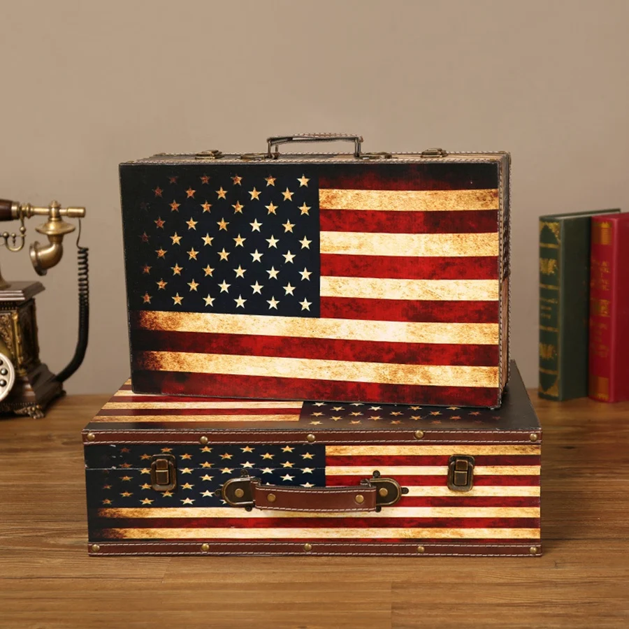 Wooden Suitcase Flag Travel Wooden Storage Box Makeup Organizer Box Photography Props Treasure Chest Home Decoration M