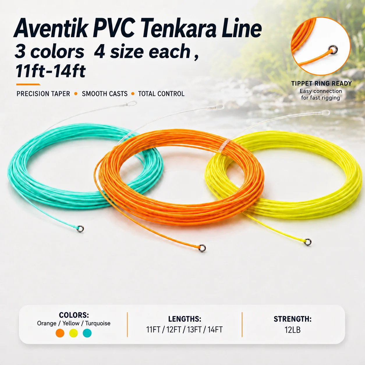Aventik 11-14ft 12LB Tenkara Fly Fishing Line Tapered Floating Line PVC Coated Low Stretch Mono Core Smooth Casting Line