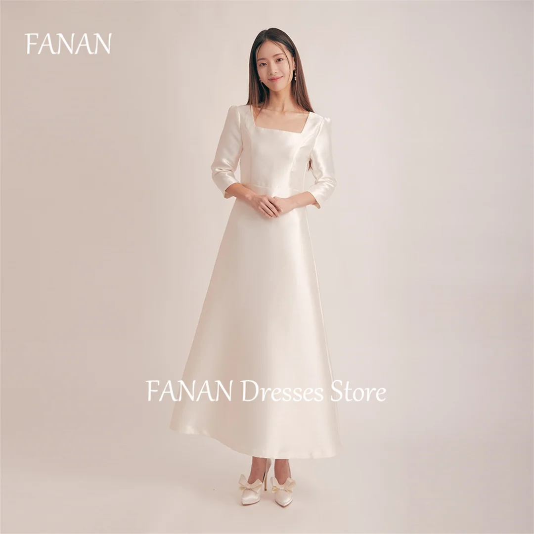 FANAN Korea Square Neck Ivory Long Sleeves Corset Wedding Dresses 웨딩드레스 Satin A-Line Custom Made Bride Gowns Plus Size