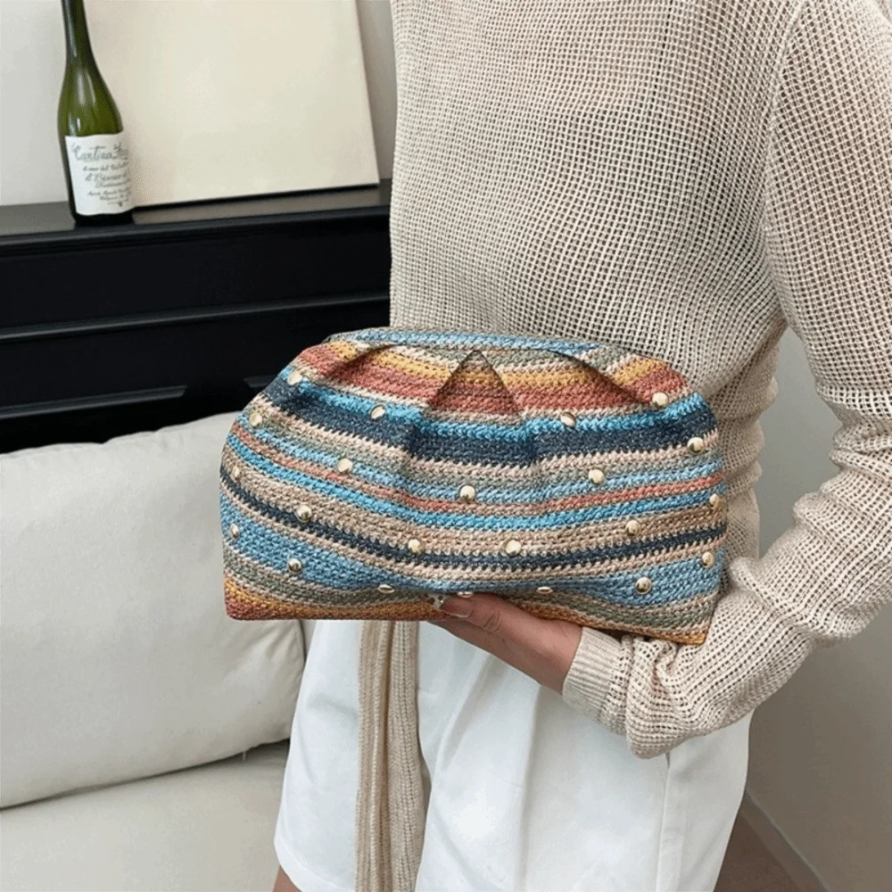 Simple Rainbow Straw Evening Clutch Stripe Rivet Weave Clutch Bag Large Capacity Korean Style Straw Purse Women