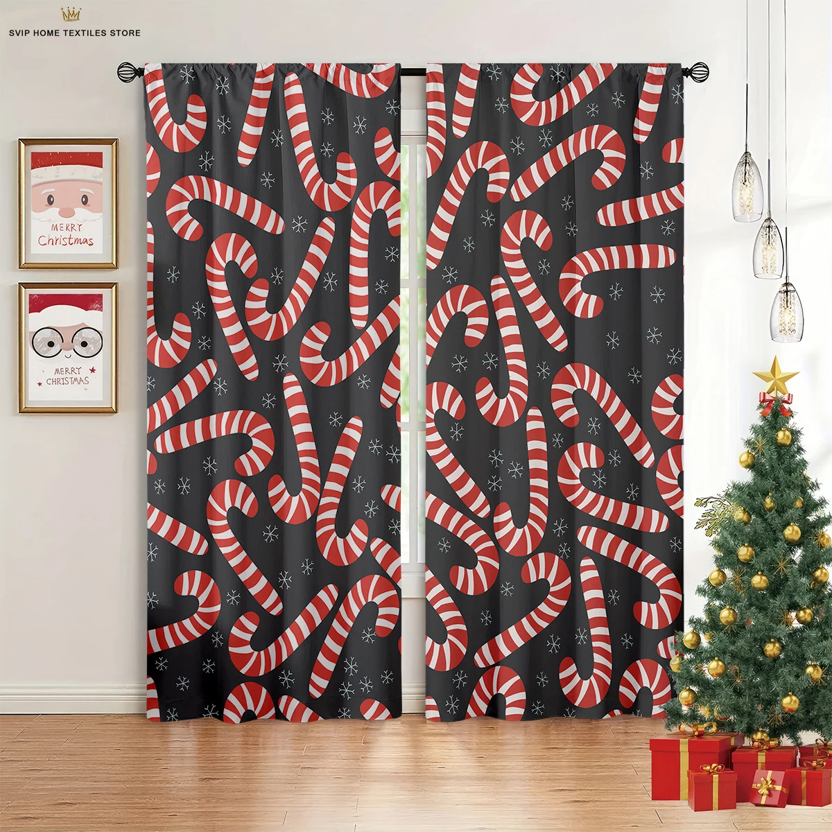 

Christmas Cartoon Print Curtains Santa Claus Snow Scene Bedroom Living Room New Year Holiday Decoration Curtains 2 Pieces