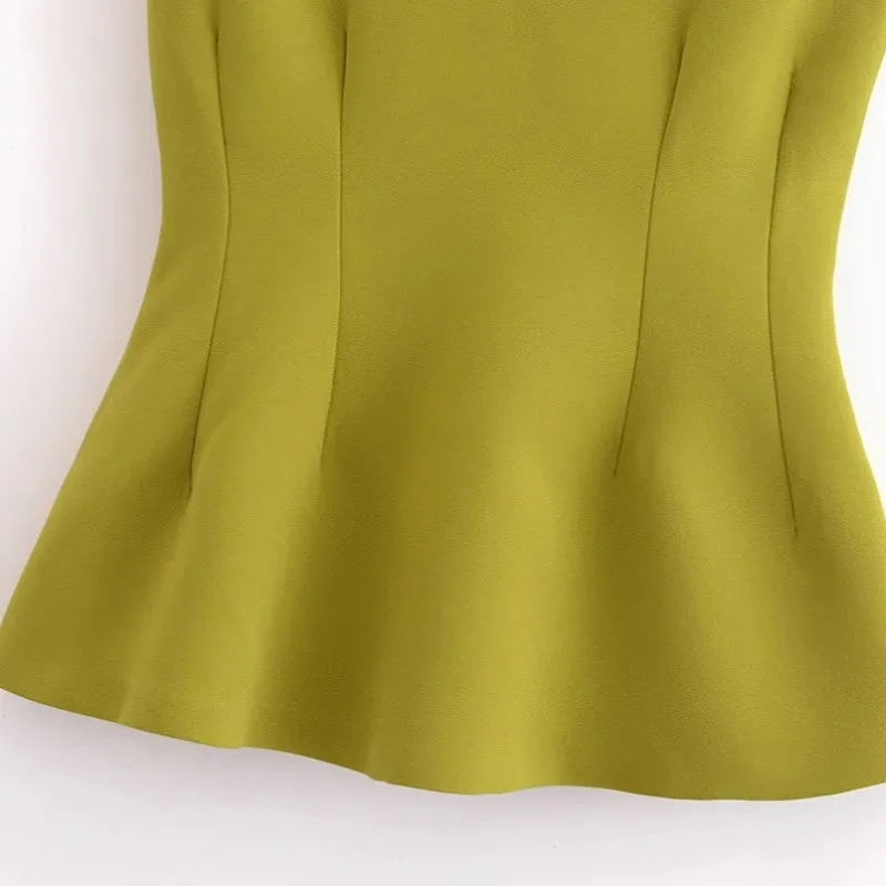 أزياء المرأة الدبابات Vset أنيقة جديدة الصيف شيك المرأة قمم الصلبة الخامس الرقبة أكمام كشكش سستة القمم سيدة الموضة