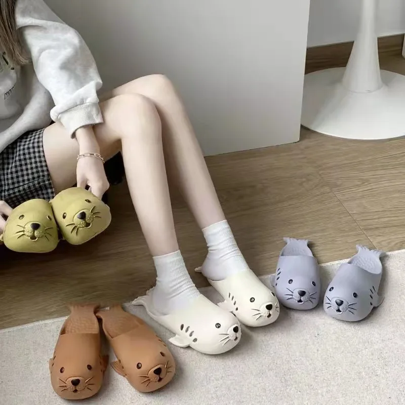 Summer Cute Cartoon  Sea Lion Cartoon Slippers Women Couple Indoor Outdoor Beach Shoes Non-slip Casual Funny Home Animal Sandals