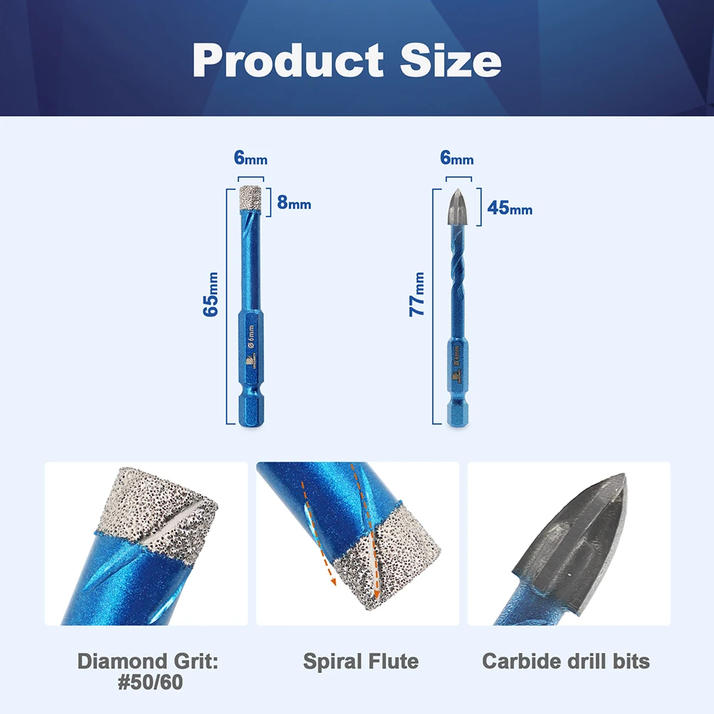 BRSCHNITT Diamond Drill Core Bits Set 5pcs 6mm for Porcelain Tile Ceramic Stone Granite Marble Hole Saw Drill Bit