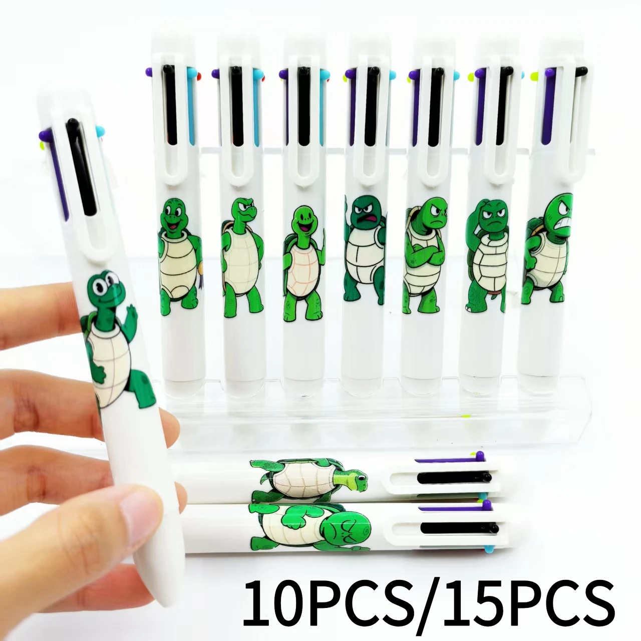 10PCS/15PCS turtle-themed multi-color ballpoint pens, cute turtle-shaped six-in-one colored pens, back-to-school stationery