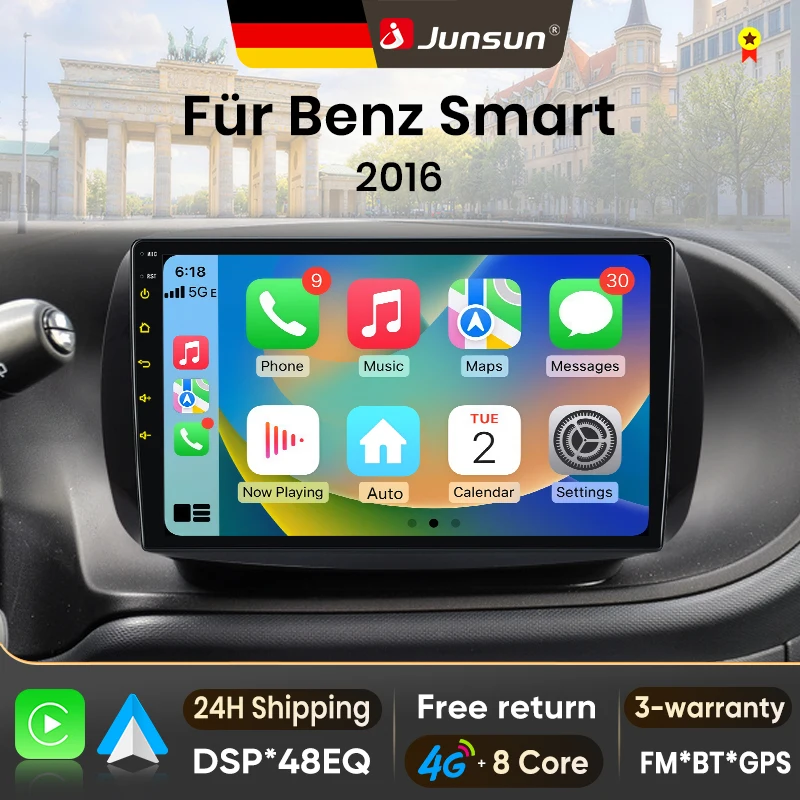 Autoradio Android 15 9 pouces Junsun pour Mercedes Benz Smart 453 Fortwo 2014-2020, sans fil, compatible Apple CarPlay, écran IPS, lecteur multimédia vidéo, système intelligent automobile, autoradio 2 Din, GPS, navigation, BT, 4G, WIFI, FM, DSP, RDS, DAB+
