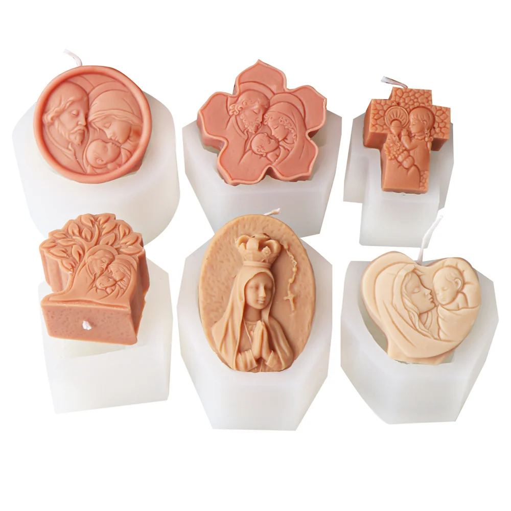 Mini Flat Virgin Jesus Holy Family Candle Silicone Mold Oval Round Heart-shaped Cross Sculpture Resin plaster Making Home Decor