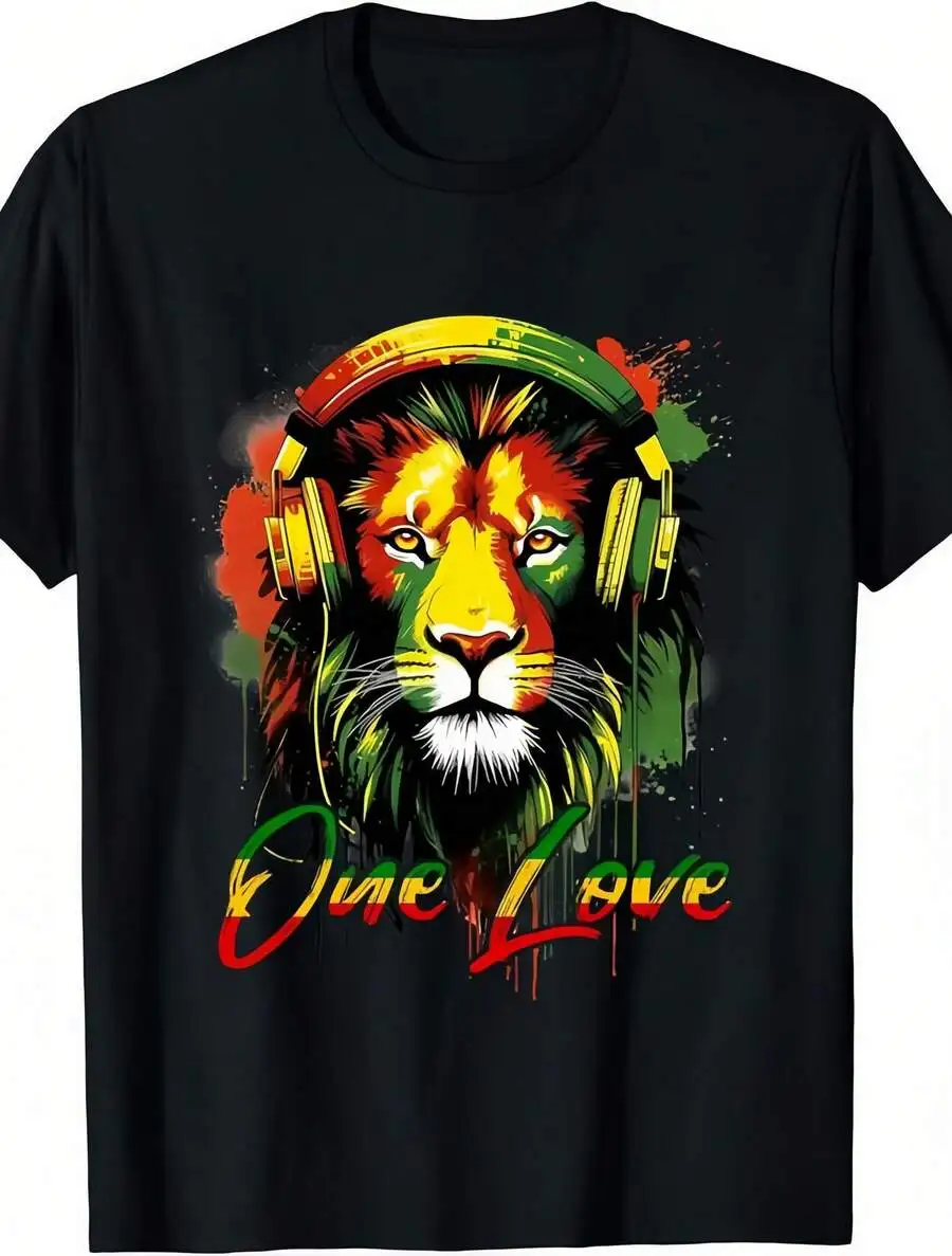 1pc Man's Colorful Lion Headphone Print Black TShirt Crew Neck Casual Cotton Tee Medium Stretch Knit Fabric Regular Fit For Boys Man Suitable For //