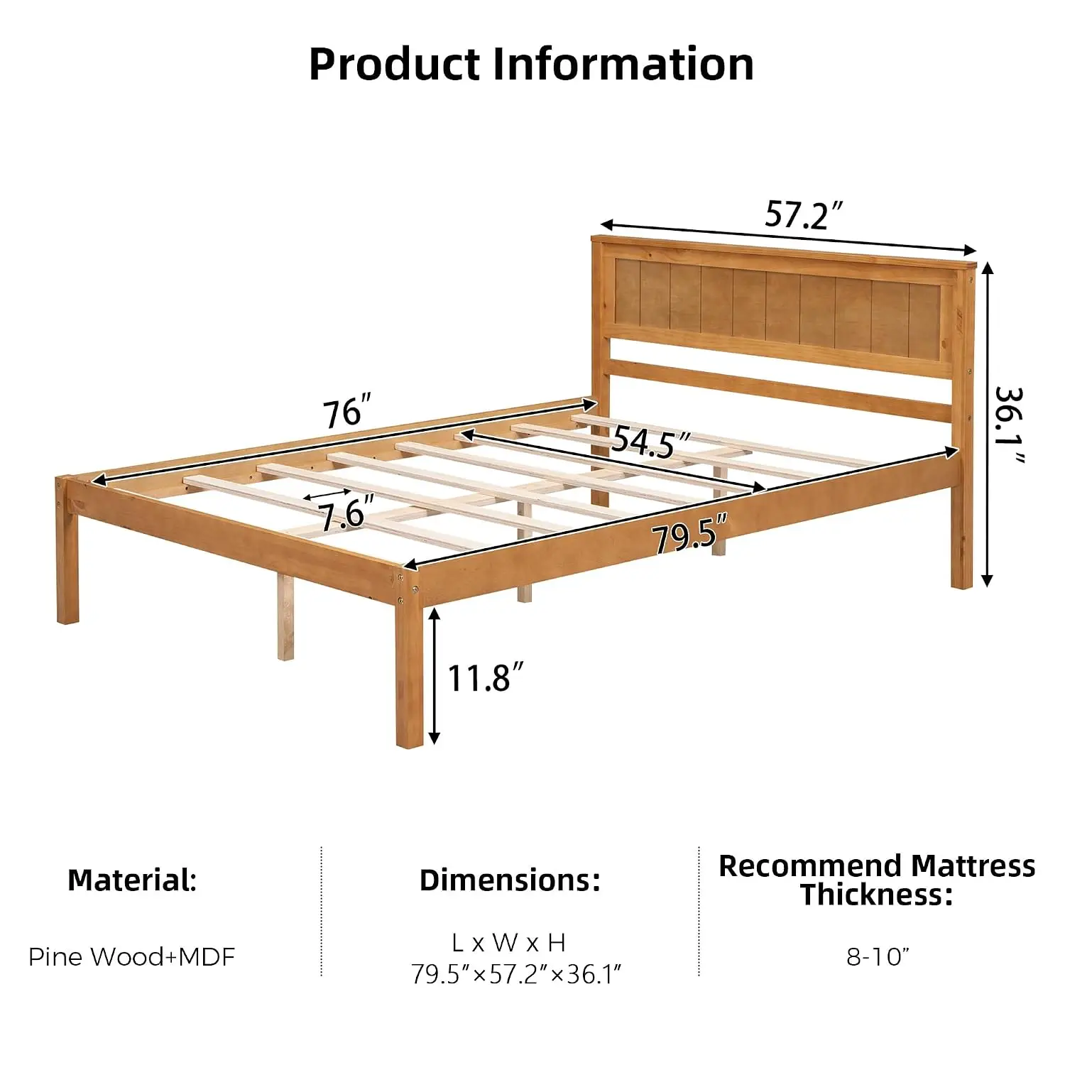 Full Size Solid Wood Platform Bed Frame, Oak Color Pine Bed with Slatted Panel Headboard, Sturdy Wood Slat Support,, Customized