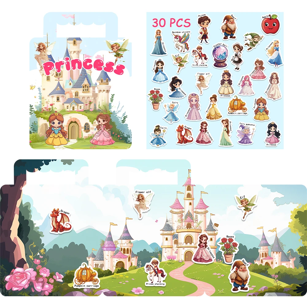 30pcs Princess Sticker Book Children Scene Stickers DIY Hand-on Puzzle Sticker Books Reusable Cartoon Learning Cognition Toys