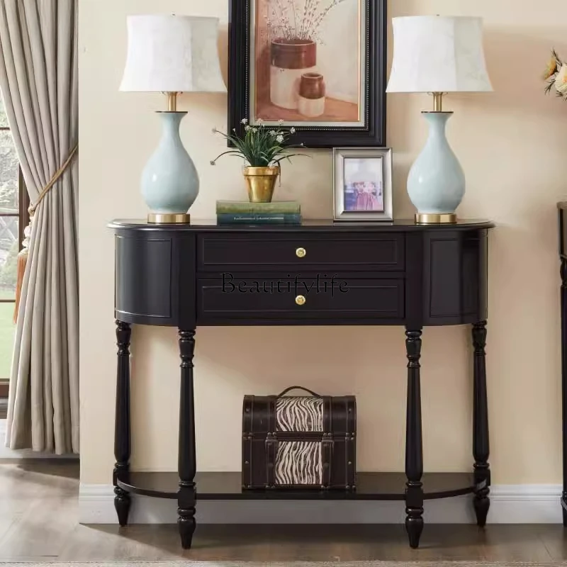 

Semicircular solid wood porch cabinet corridor retro side table against the wall French black entrance aisle cabinet
