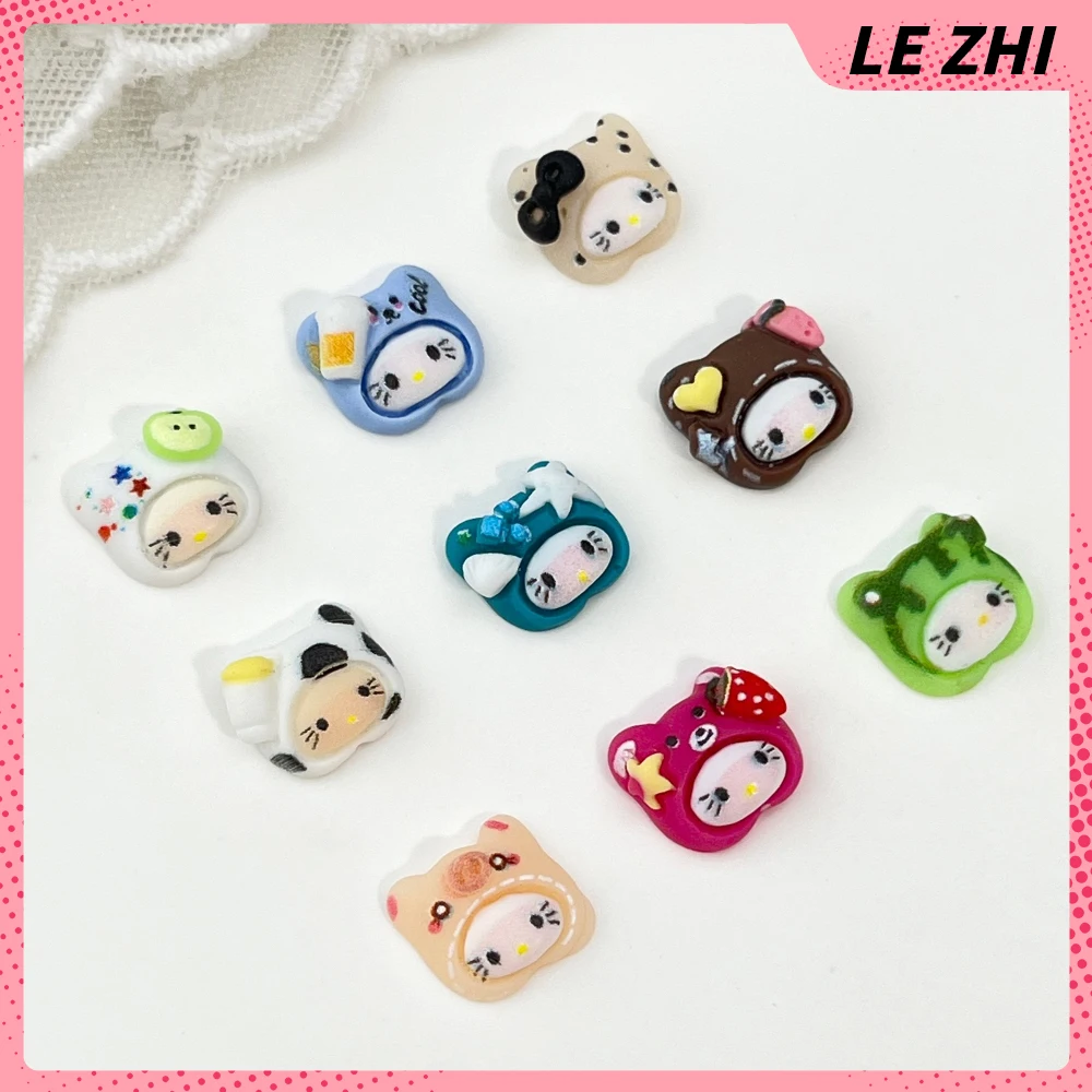 20Pcs Cute Hello Kitty Hat Cross Dressing Nail Accessories Cartoon Pig Bear Apple Strawberry Watermelon Milk Resin Nail Decora