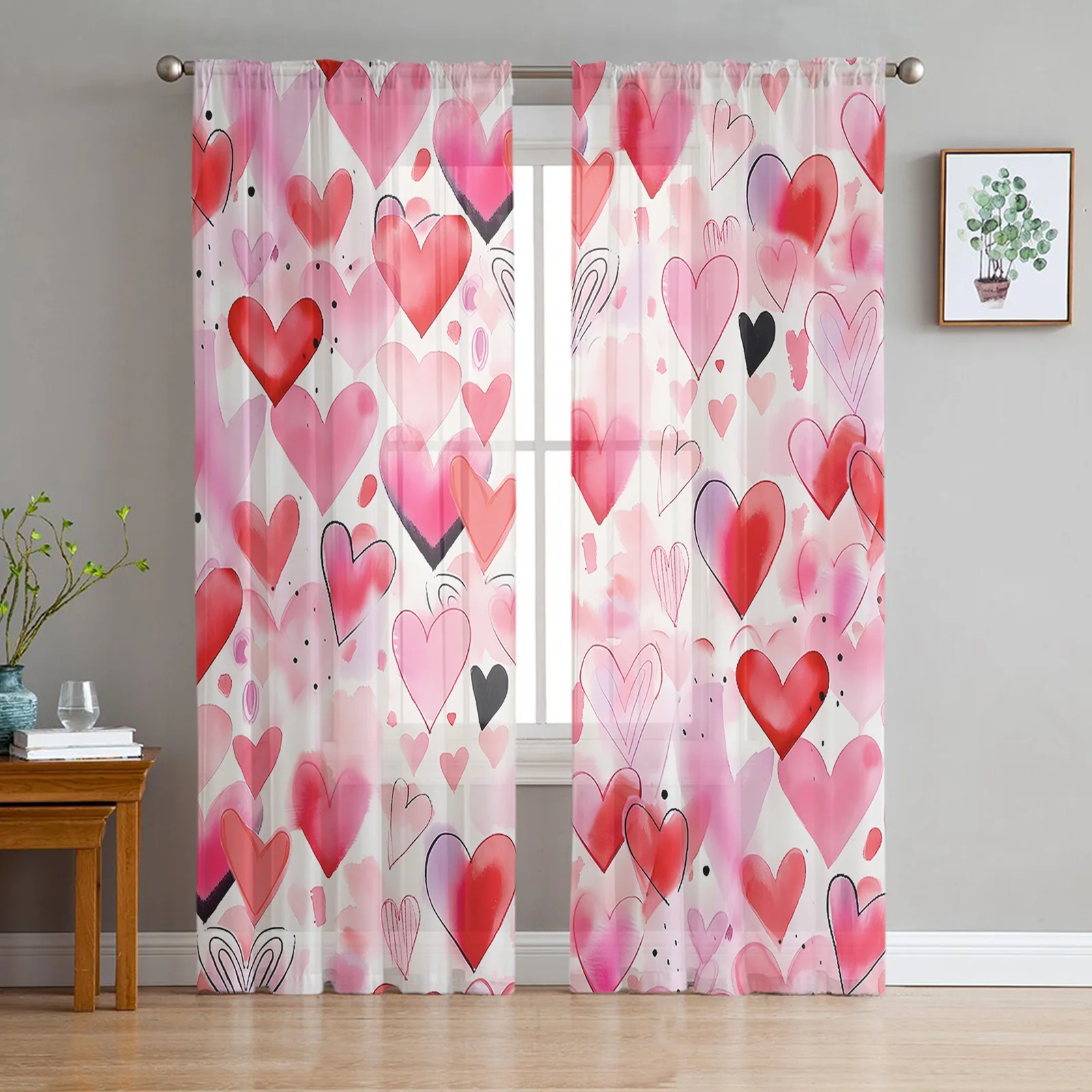 Valentine'S Day Watercolor Love Hand Drawn Tulle Sheer Curtains for Living Room Home Decor Window Curtains Bedroom Voile Drapes